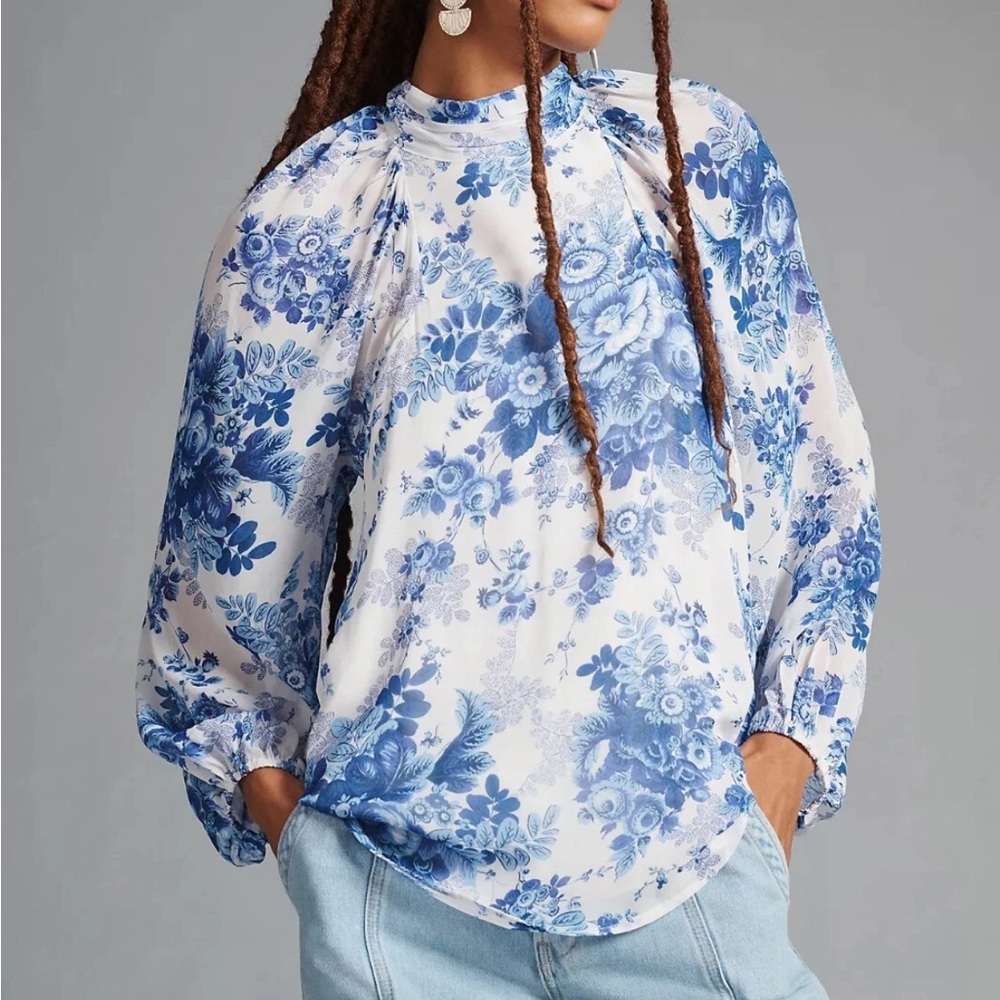 NWT MAEVE by Anthropologie Floral Bow Neck Sheer Blouse in Blue White Sz SP